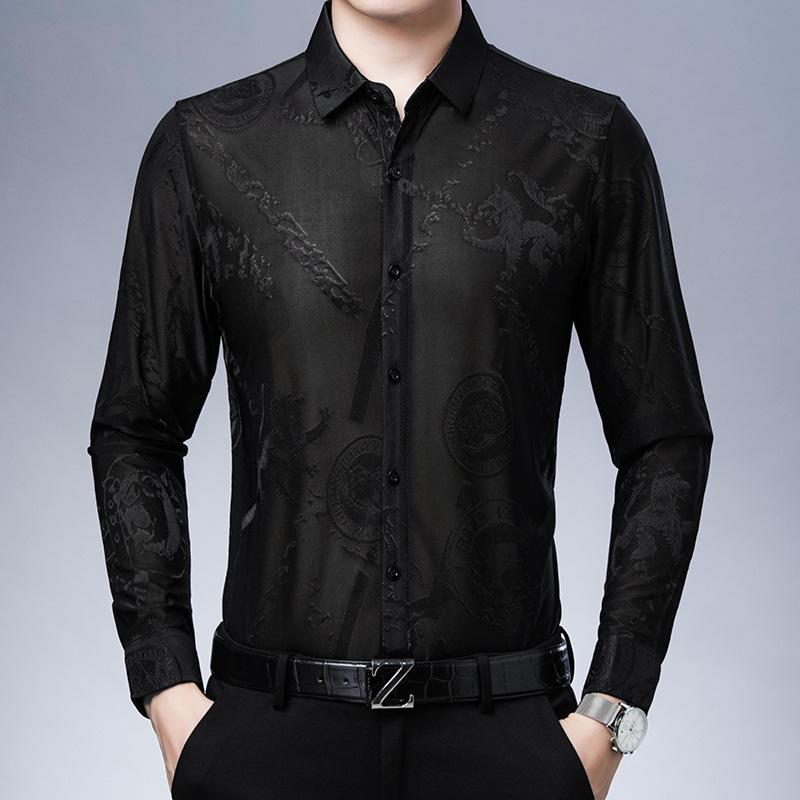 Men's Floral Long-sleeved Ice Silk Shirt, Fashionable Large Floral Shirt, Autumn Dad Wear, Casual Middle-aged Shirt for Men