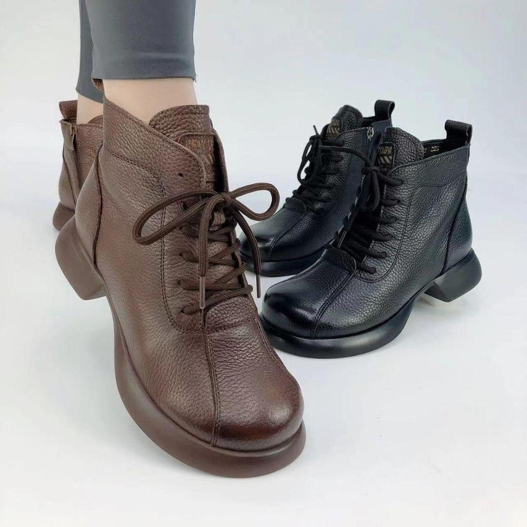 Vintage Short Boots Women's Round Head Thick Bottom Front Lace Up Medium Thick Heel Fashion Solid Color Women's Boots