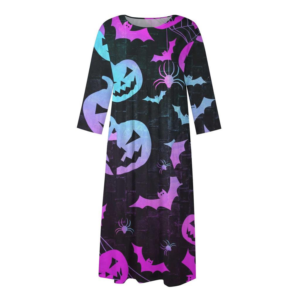 Женское повседневное платье с круглым вырезом и длинными рукавами с принтом на Хэллоуин и карманами