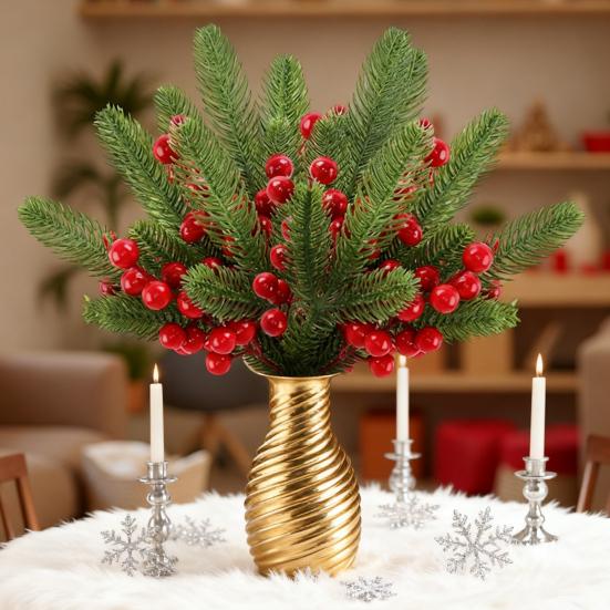 Рождественские сосновые ветки с красными ягодами Искусственные стебли зелени для дерева Цветочные композиции Домашний офис Праздничное украшение для центра стола