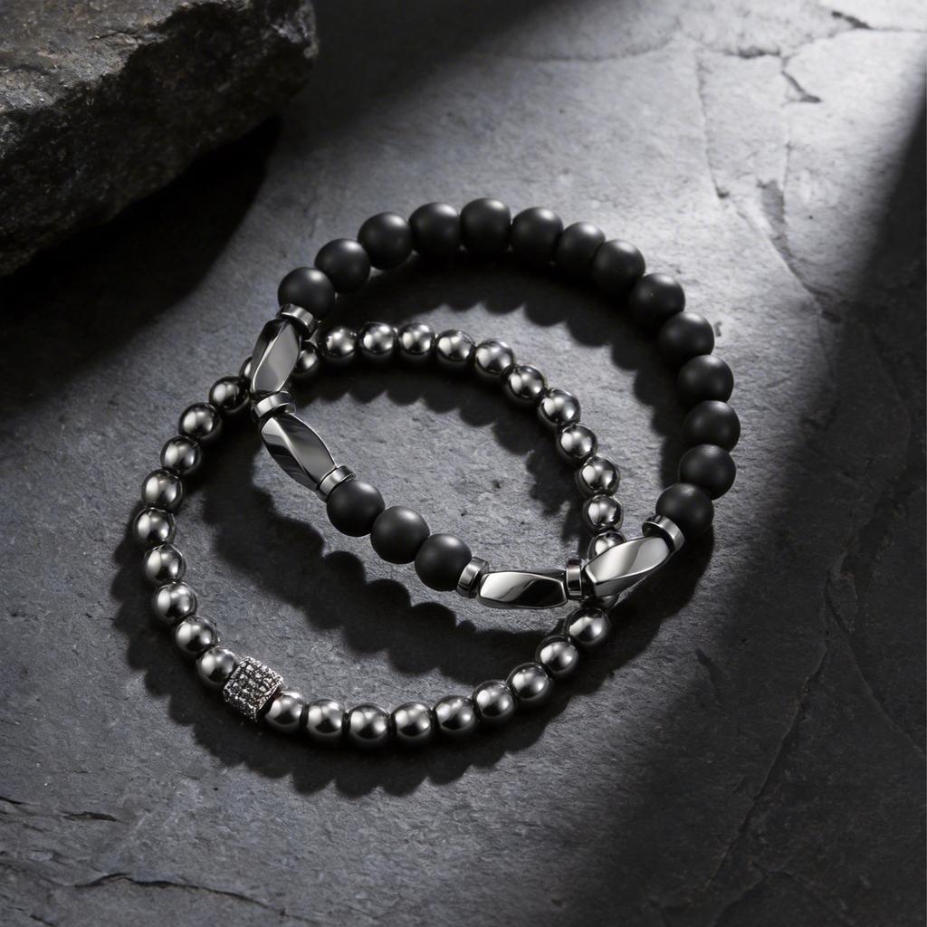 Vnox 2pcs/set Matte Black Onyx Hematite Beaded Bracelet Set Natural Stone Stretch Bracelets Fashion Jewelry Gifts for Men Women