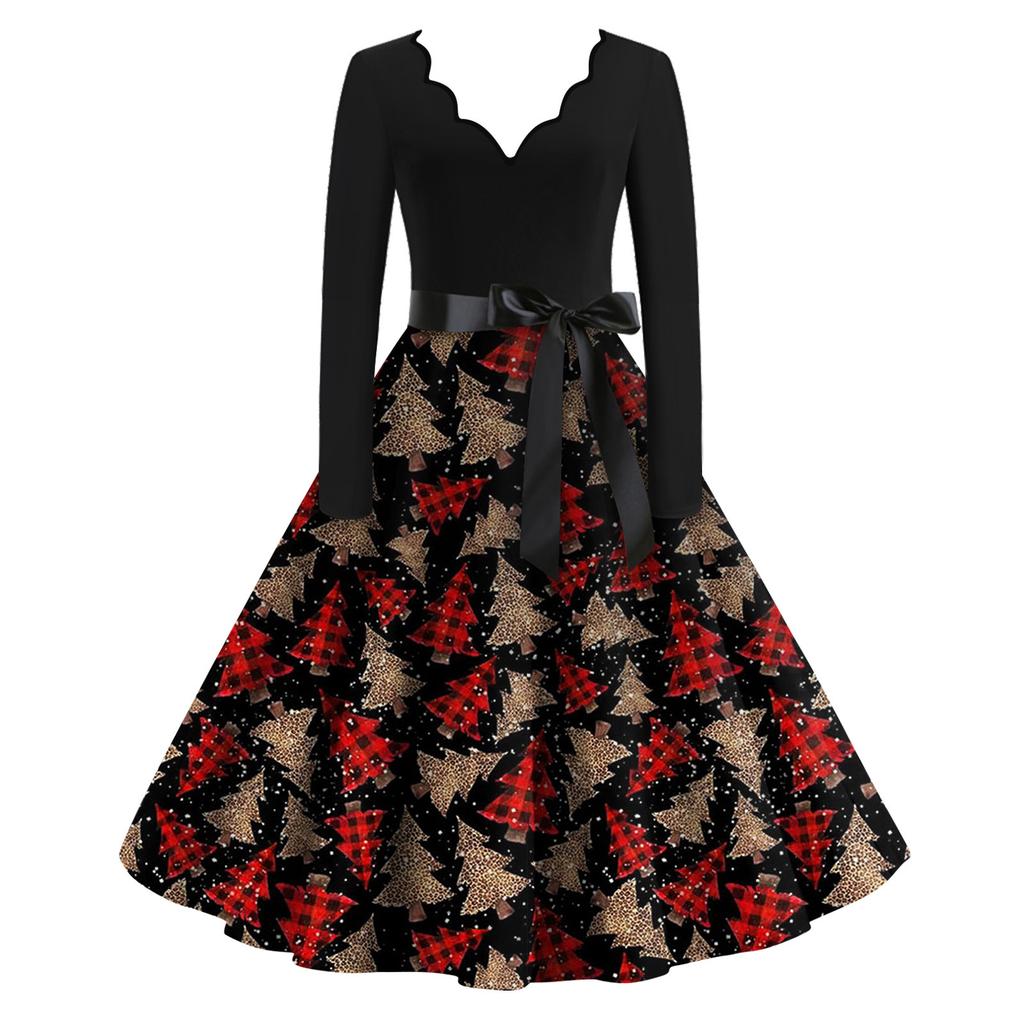 Женские модные повседневные тонкие рождественские платья с длинным рукавом с v-образным вырезом и принтом