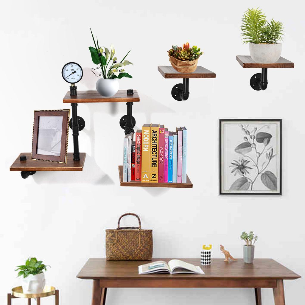 5-Tier Industrial Wall Mounted Storage Rack – Metal Frame & Wood Shelves – 44 lbs Load Capacity per Tier – Black & Brown