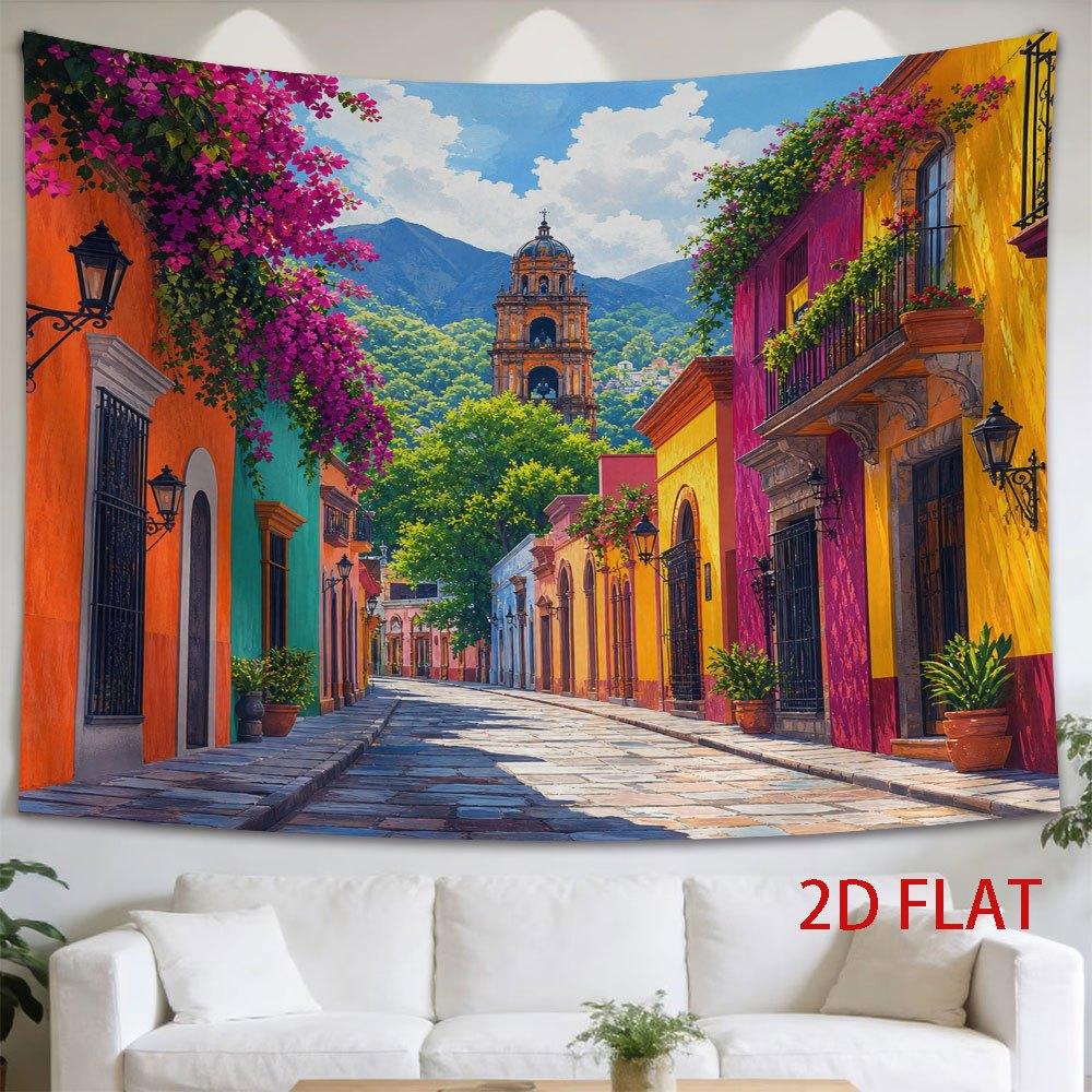 1pc Tapestry Vibrant Town Street Scene Tapestry, Church Bell Tower Framed by Blooming Flowers And Colorful Buildings