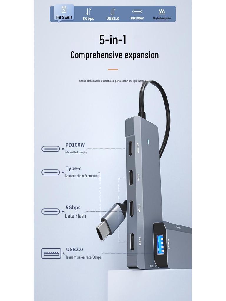 Хаб Type-C «пять в одном»: Быстрая зарядка PD100W с расширением USB3.0/Type-C.