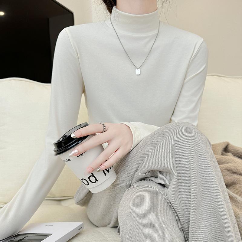 White Semi-turtleneck Bottoming Shirt Women's Springtime and Autumn New Loose Inner Slim Long-sleeved T-shirt Comfortable Top