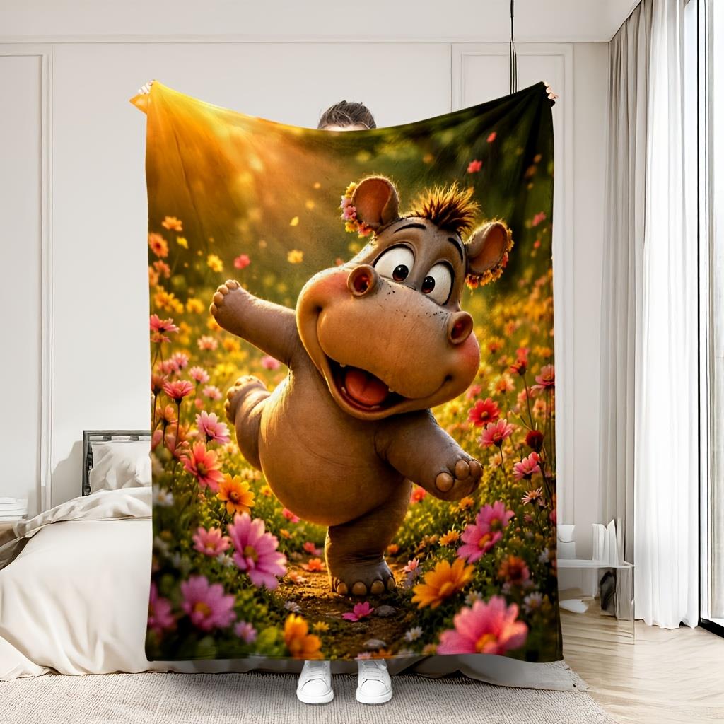 1pc Single/Double Blanket with Happy Jumping Hippo Pattern in Sunlit Flower Patch Soft Cover Blanket Flannel Sofa Blanket All S