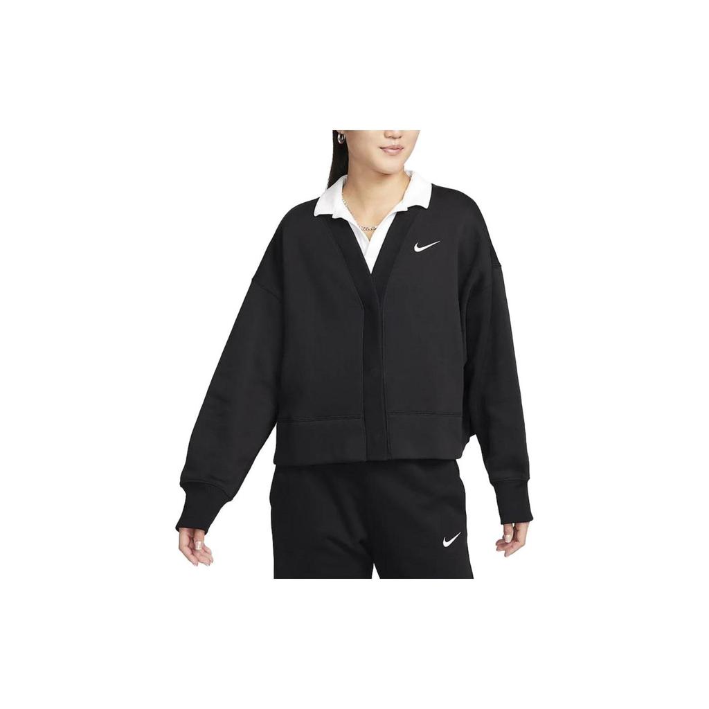 Nike Женский вязаный кардиган FB8773-010, черный, с V-образным вырезом, утолщенный, на флисовой подкладке