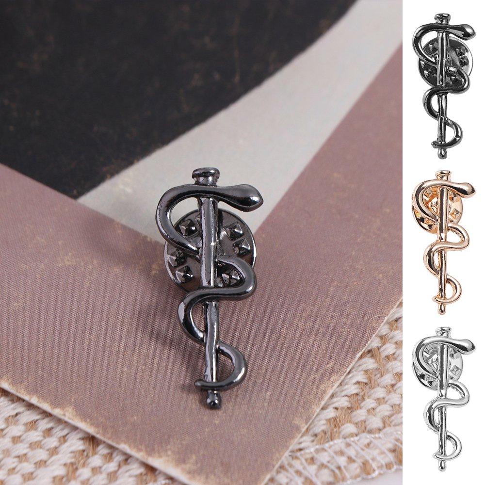 Magic Snake Stick Brooch Black/Gold/Silver Color World Health Organization Pin Metal Badge for Doctor Nurse Lapel Friend Jewelry