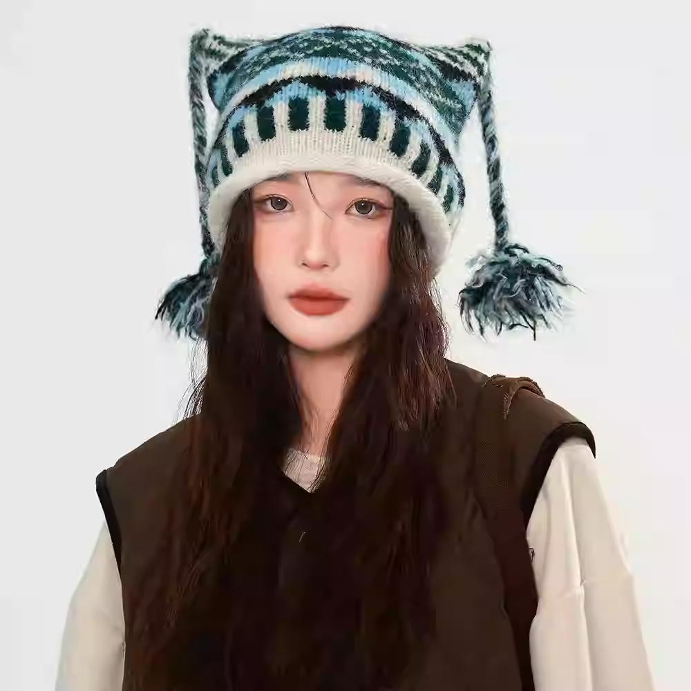 Autumn and Winter Vintage Fair Island Wind Pullover Hat Children's Cute Braided Zhenyi Comic Curled Knitted Hat