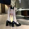 French High Heels Women's Retro Black College Style One-word Buckle Square Head Thick Heel Small Leather Shoes Mary Jane Single Shoes