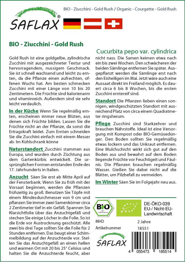 SAFLAX Garden in the Bag - Органический - Кабачок - Золотая лихорадка - 5 семян - С субстратом в подходящем стоячем пакете - Cucurbita pepo