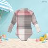 Girls High Neck Long Sleeve Front Zip One Piece Plaid Printed Swimsuit Pink Grey White