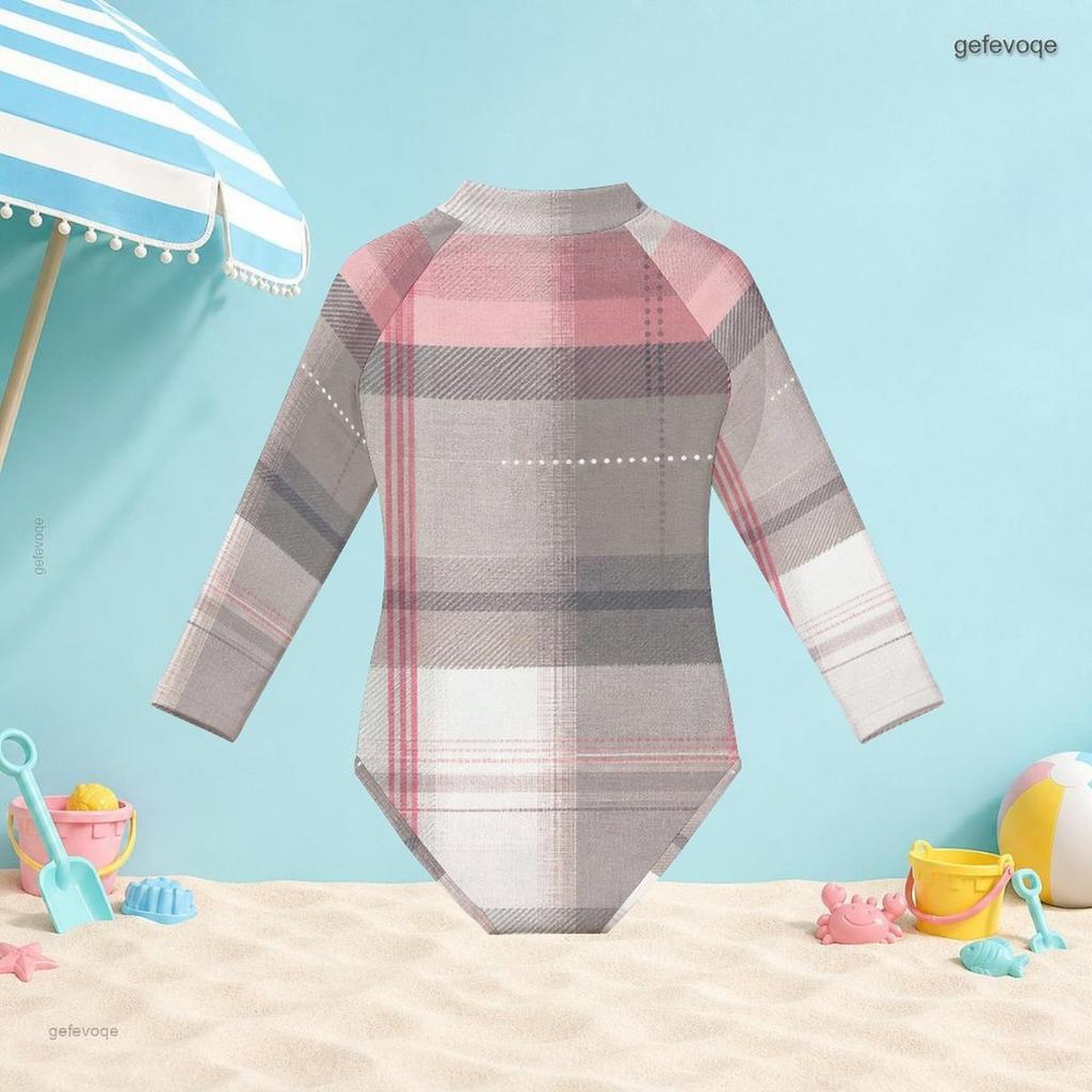 Girls High Neck Long Sleeve Front Zip One Piece Plaid Printed Swimsuit Pink Grey White