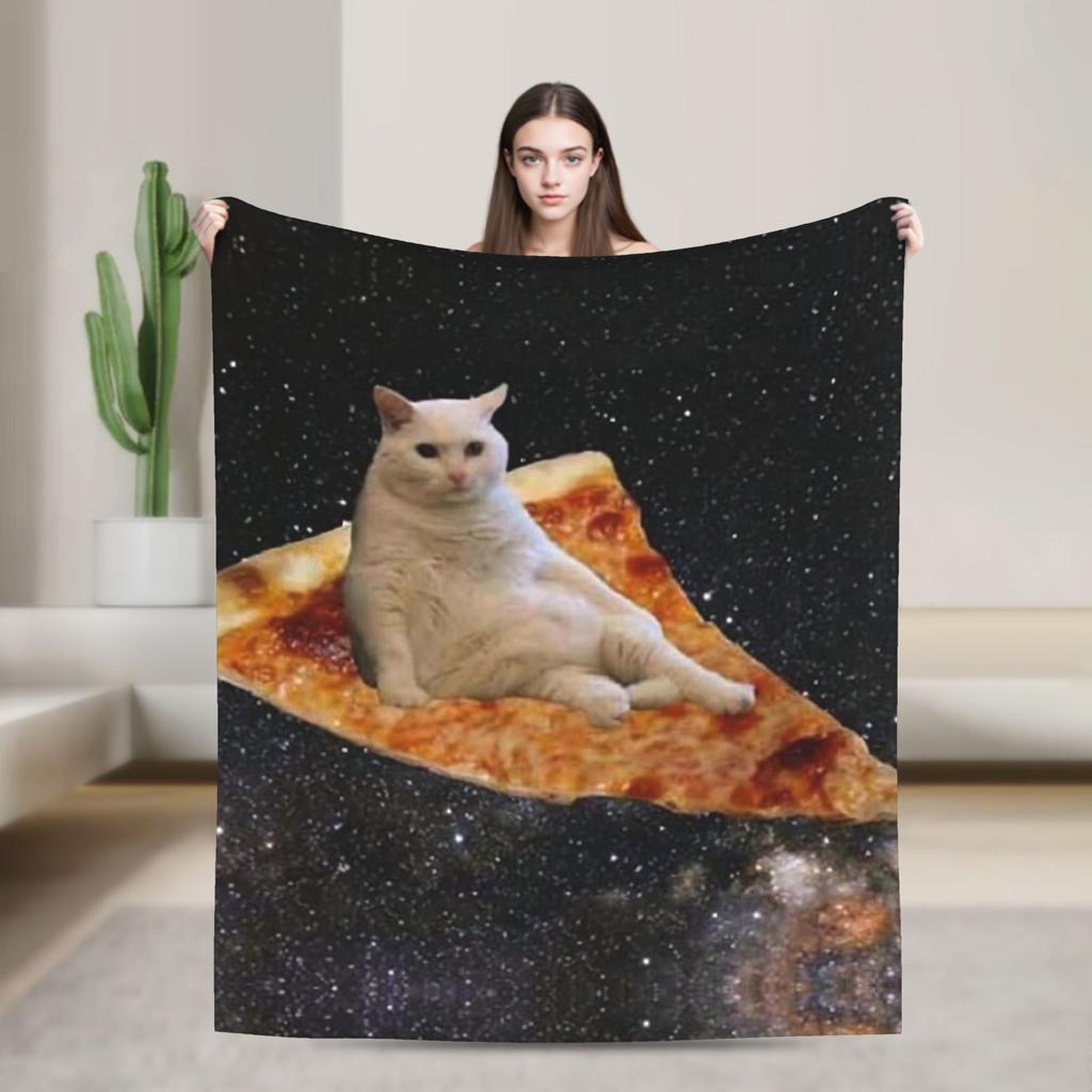 Outer Space Pizza Cat Rainbow Laser Eyes Blanket Flannel Winter Portable Soft Throw Blanket for Bedding