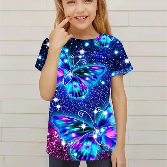 Детская футболка с подсветкой и бабочкой для подростков, Повседневная футболка с 3D принтом для девочек, новинка, футболка с короткими рукавами, праздничный костюм, повседневная одежда, топы, одежда