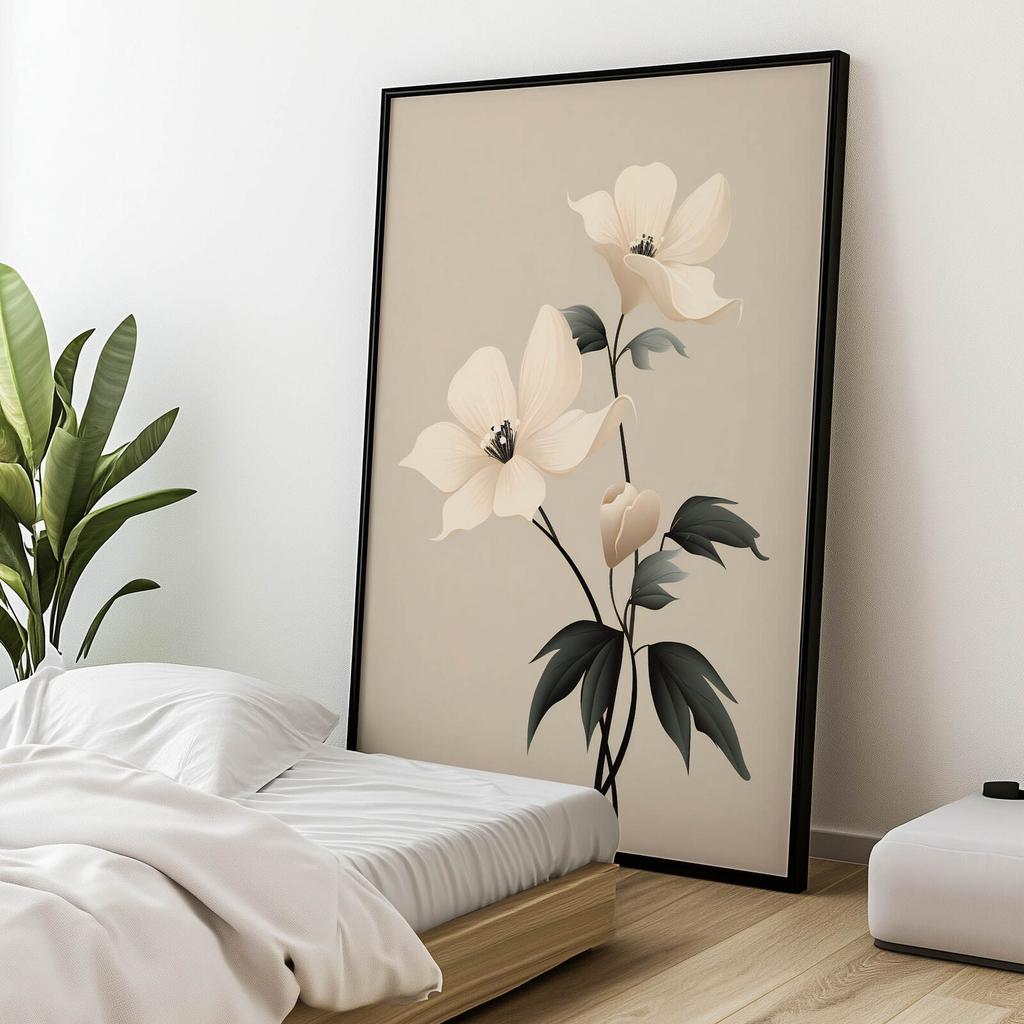 Biała Elegancja - Minimalistyczny Kwiatowy Plakat Biała Elegancja - Minimalistyczny Kwiatowy Plakat, 30X40 Cm, Rama Drewniana Jasny Dąb, Papier Matowy