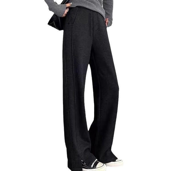 Женские брюки 2024 года из шерстяного флиса в елочку на подкладке с разрезом и прямыми штанинами для повседневной носки осенью/зимой