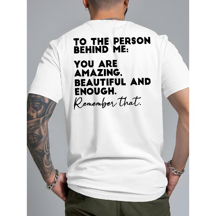 Plus Size Men'S Inspirational Print T-Shirt - The Person Behind Me..., Inspirational Quote, Round Neck Casual Summer Beach Shirt, Comfortable Fitted