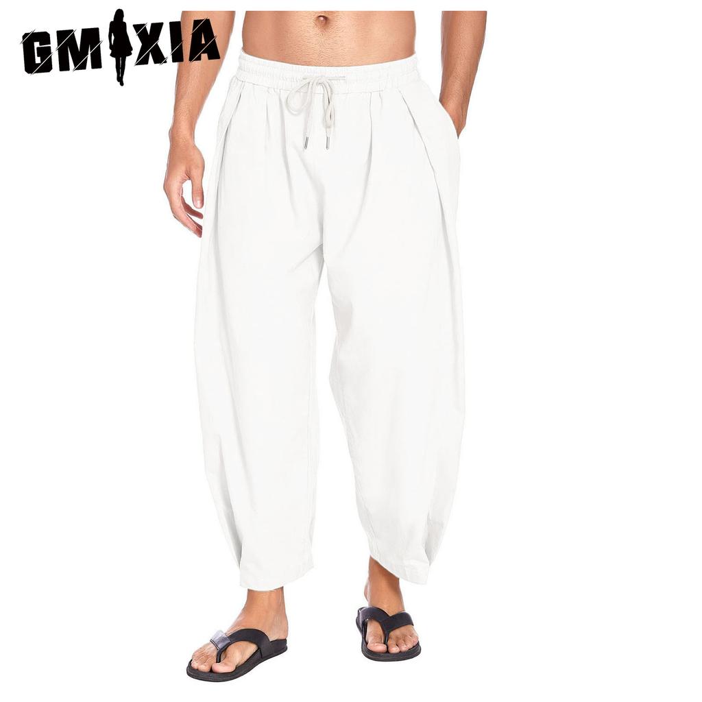 GMXIA Men's Cotton Moharen Pants Drawstring Casual Capri Pants Light Loose Beach Yoga Belt Mouth