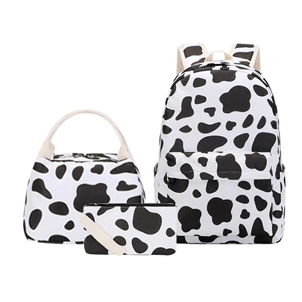 Cute Cow Print School Backpack for Girl Boy Teens Bookbag Set Laptop Daypack Lunch Tote Pencil Bag Schoolbag