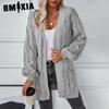 Autumn Winter Women's Sweater Mid-length Loose V-neck Twist Solid Color Cardigan Sweater for Women