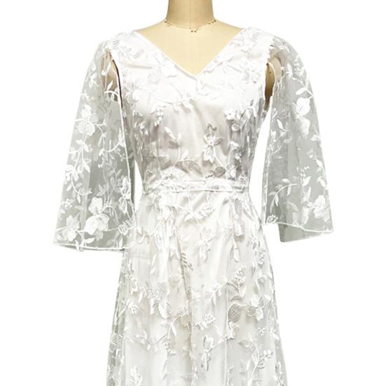 Lace Flared Sleeve Wedding Dress for Bride Deep V Neck Open Back Bridal Ball Gown Boho Beach Swing Dress