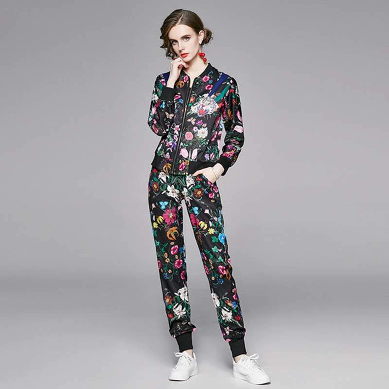 Весна-Осень Модельер с принтом Подиум Брюки Наряды Женская куртка на молнии Пальто и брюки с эластичной резинкой на талии Комплект из двух предметов Тонкий спортивный костюм