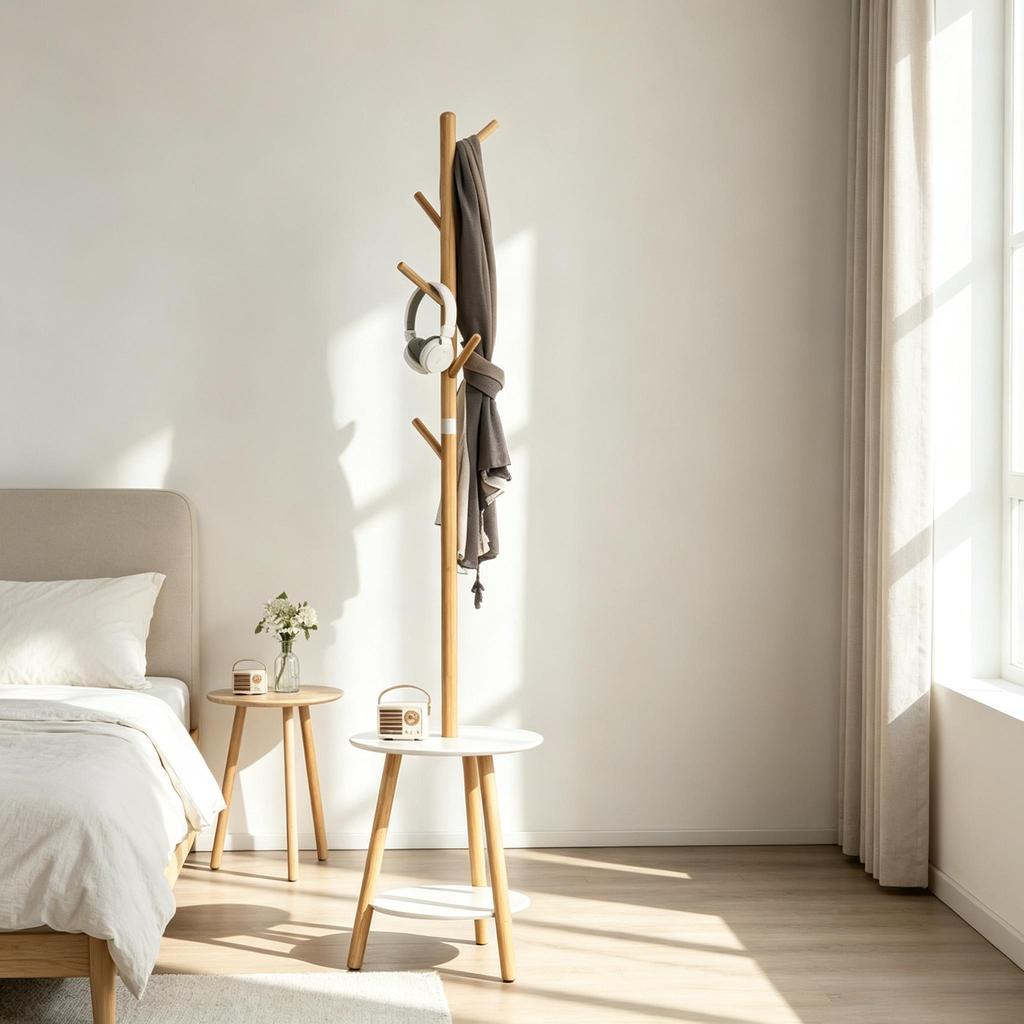 Modern Standing Coat Tree with Round Shelf and Vertical Hook Arrangement, Elegant Hallway Stand, Multifunctional Clothes Rack