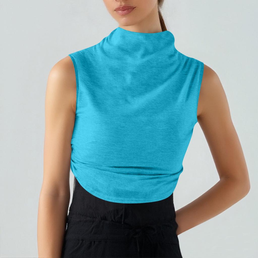 Women's Solid Color Semi-high-neck Sleeveless Vest Pleated  Top T-shirt