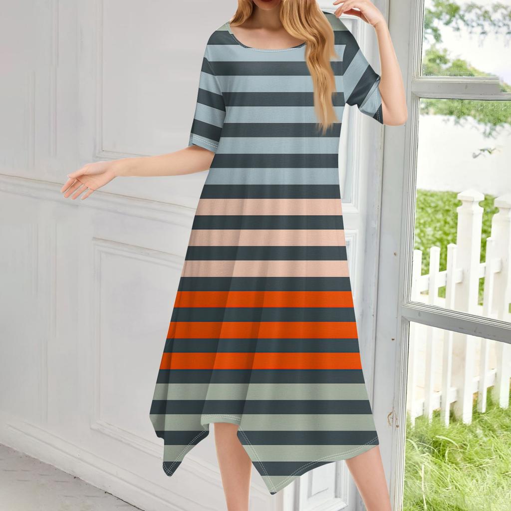 Женское повседневное модное платье миди с круглым вырезом и коротким рукавом с принтом и неровным подолом