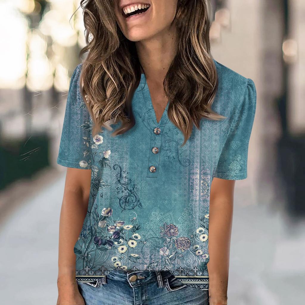 Women's Fashion Casual Flower Print V-neck Short Sleeve Button Up T-shirt Top