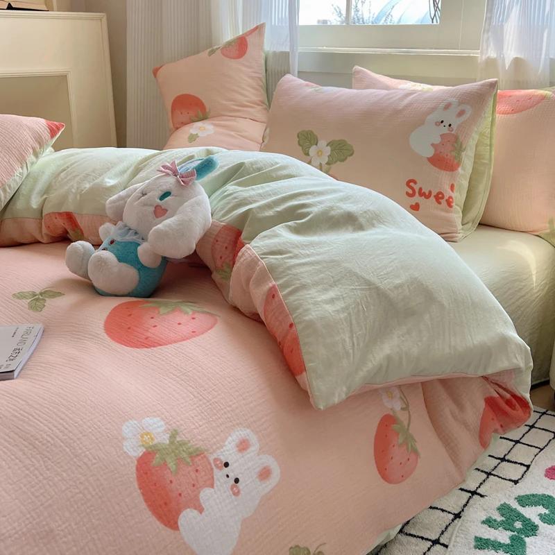 Cute Strawberry And Rabbit Duvet Cover Set Washed Cotton Linen Feel Super Soft Comfortable Chic 4Pcs Home Decor Bedding Set