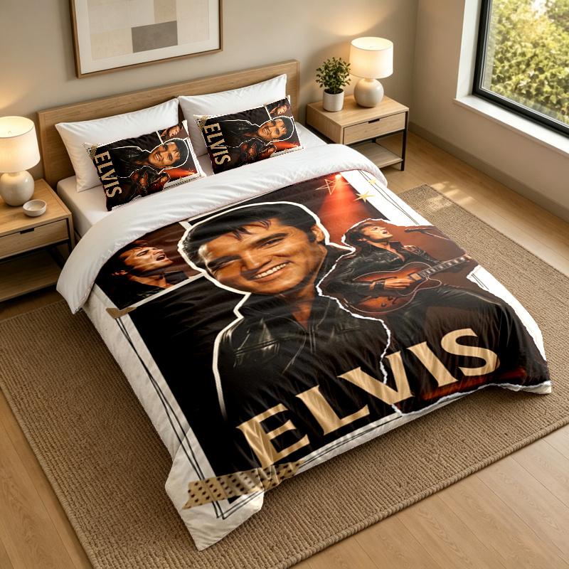 3-Piece Bed Sheet Set with Elvis Presley Design, 1 Flat Sheet and 2 Pillowcases for Bedroom