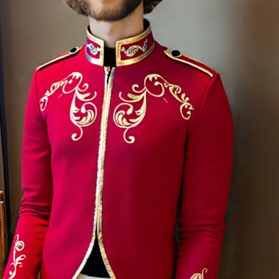Мужская куртка со стойкой, длинным рукавом, золотым вышитым узором, короткое пальто, приталенного силуэта, костюм на Хэллоуин, дорожная одежда