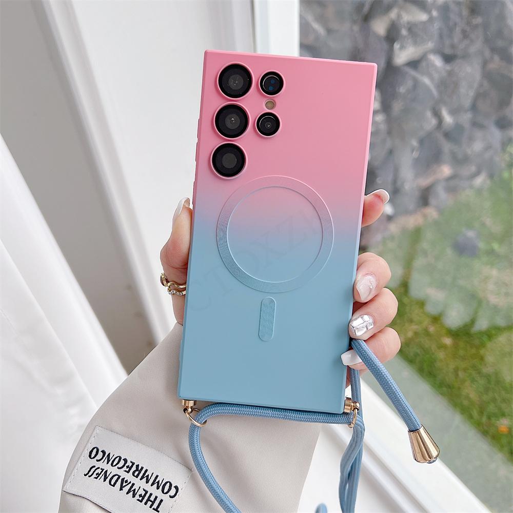 Ремешок через плечо, чехол Magsafe для Samsung S24 S23 S22 Ultra/iphone 15 14 13 12 11 Pro Max, градиентный матовый силиконовый чехол с беспроводной зарядкой, задняя крышка