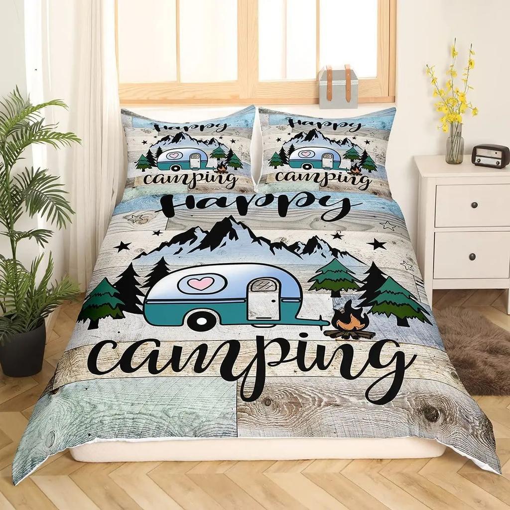 Happy Camping Duvet Set Retro Style Bedding Set Three-Piece Set