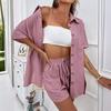 Women Wide-leg Shorts Summer Cotton Shirts Suit Two Piece Set Short Sleeve Casual Long Blouse Pockets Loose Outfits