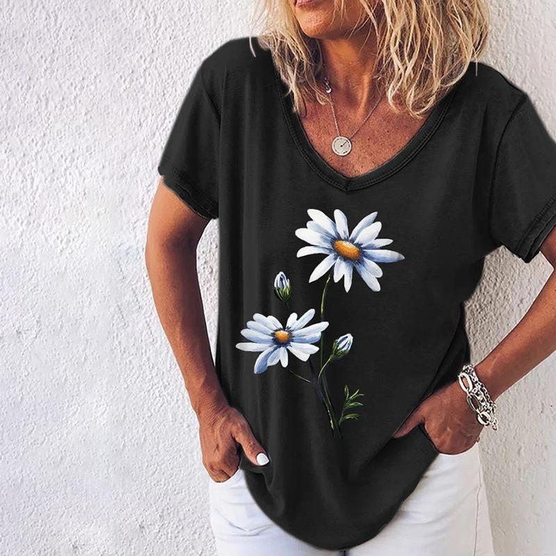 Summer V-neck 3D Little Daisy Printed Top Fashionable Casual Short Sleeved Women's T-shirts