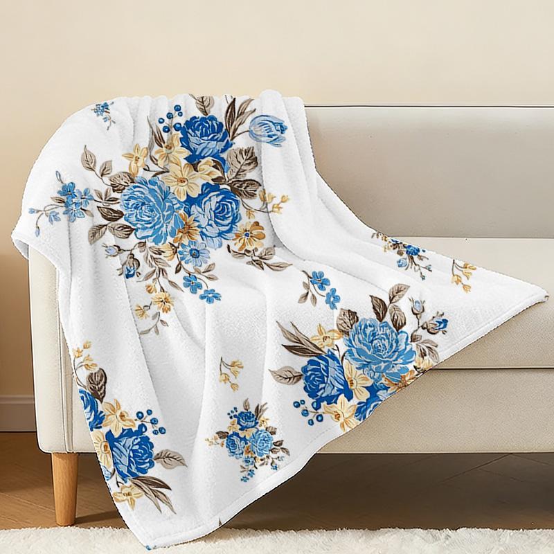 Postpartum Soft Flannel Fleece Blanket, Anti-Pilling Blue & Yellow Floral, Cozy All Season Home Blanket for Casual Lounge, Christmas & Halloween Gifts