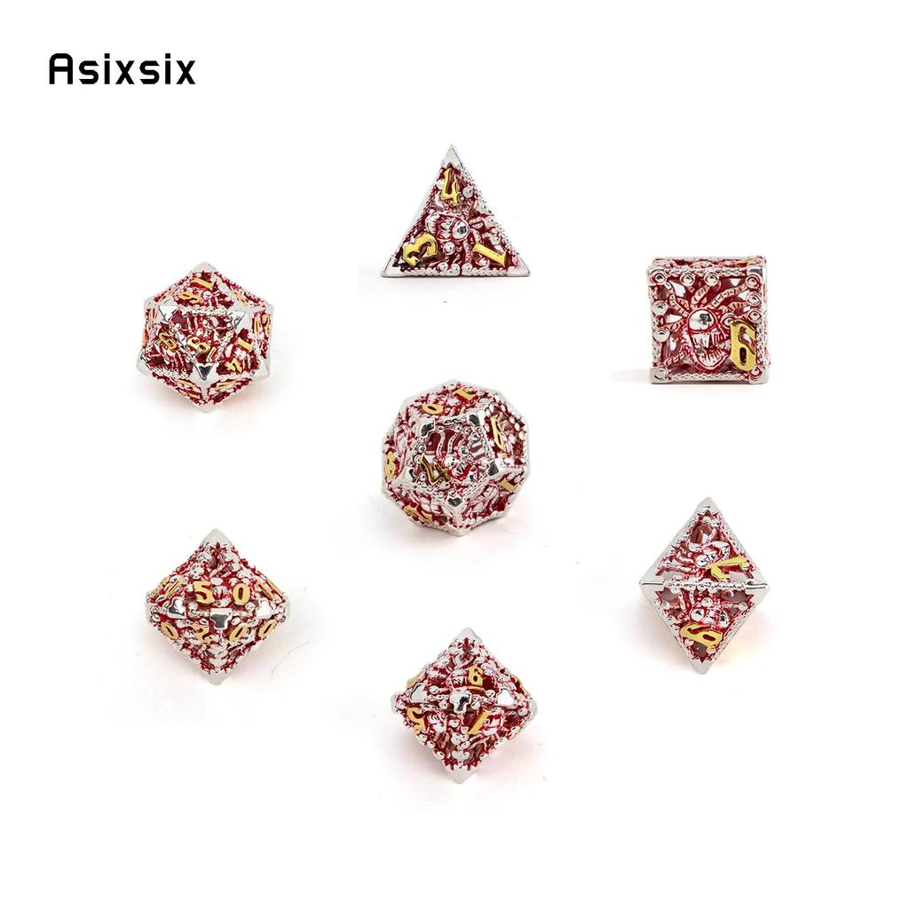 7 Pcs Silver Red Octopus Metal Dice Hollow Metal Polyhedral Dice Set Suitable for Role-Playing RPG  Board Game Card Game