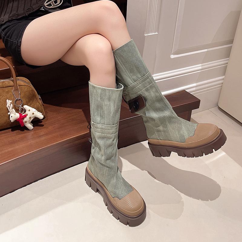 Fashion Women Flats Platform Denim Chelsea Boots Winter Shoes Designer New Knee High Motorcycle Boots Casual Goth Shoes