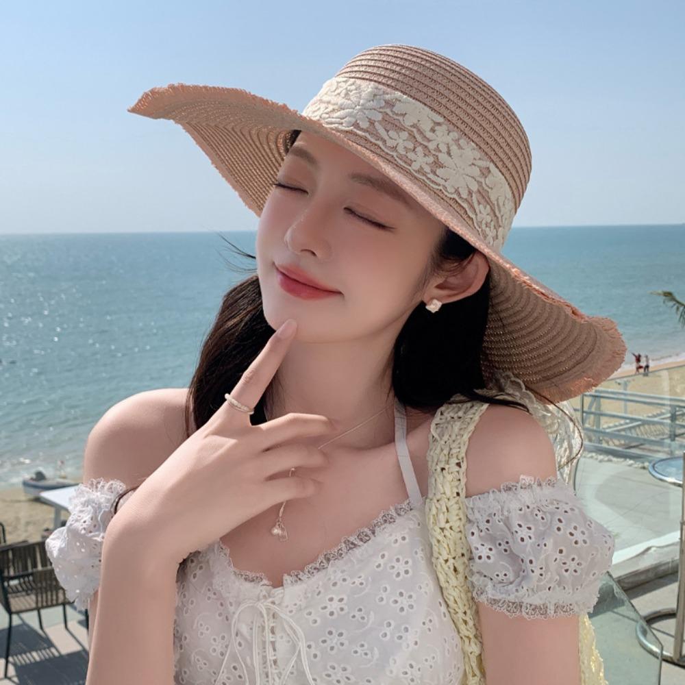 Breathable Wide Brim Sun Hat Large Brim Sunshade Cap Vacation Lace Bowknot Straw Hat  Woman