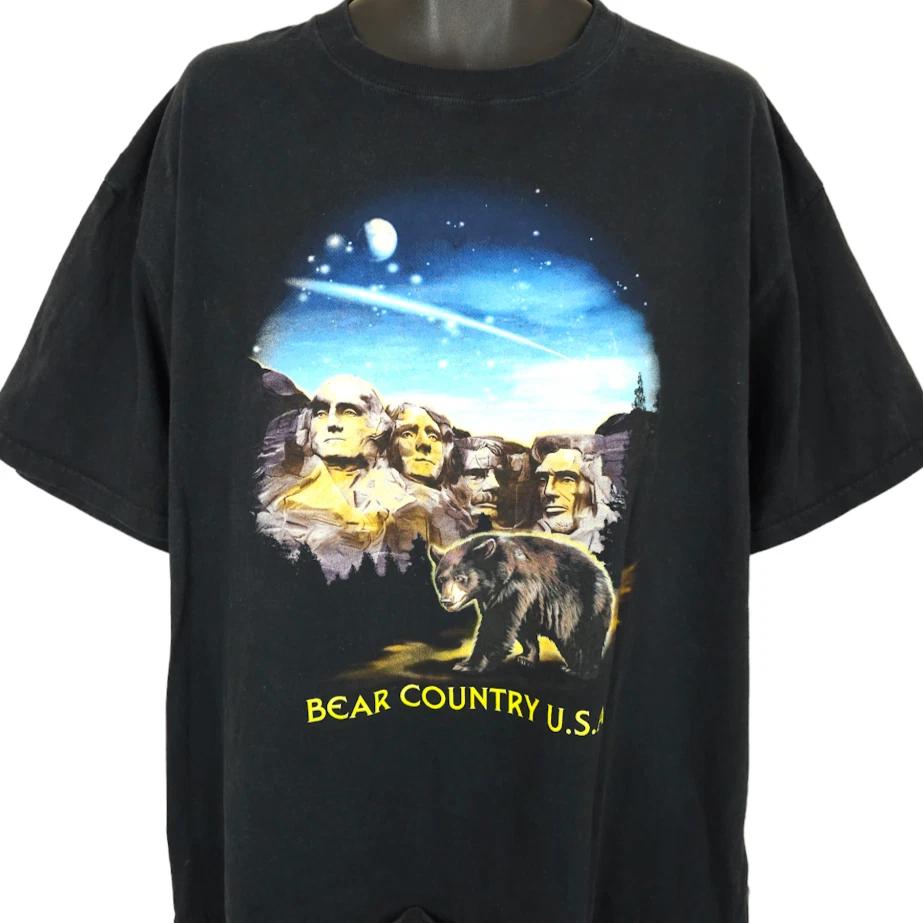 Винтажная футболка Bear Country 100% хлопок Мужские футболки Топ Мужской размер 2XL Черный Y2K Гора Рашмор Южная Дакота
