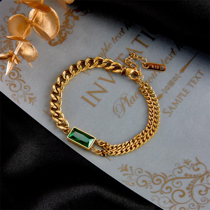 Gold Plated Cuban Link Emerald Cubic Zirconia Jewelry Set Necklace Bracelet Earrings