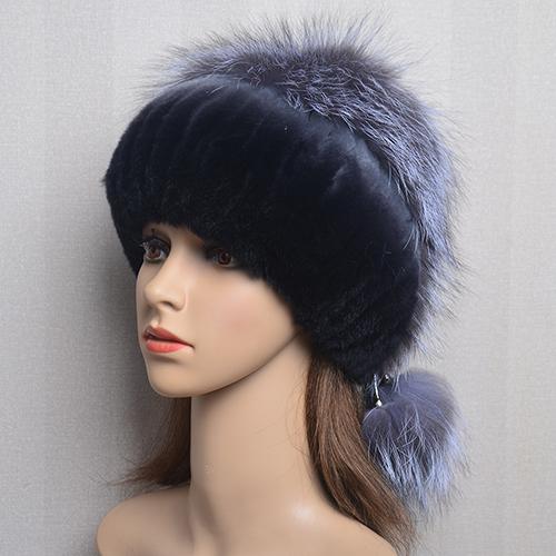 New Lady Winter Warm Natural Rex Rabbit Fur Hat Women Elastic Soft Handmade Knitted Real Fur Cap Fox Fur Beanies Hats