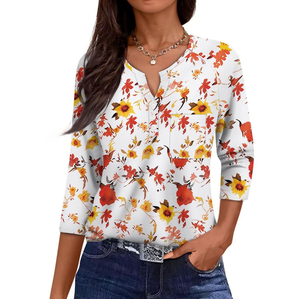Женская повседневная мода V-образный вырез Свободный Универсальный Цветочный принт Рукава три четверти