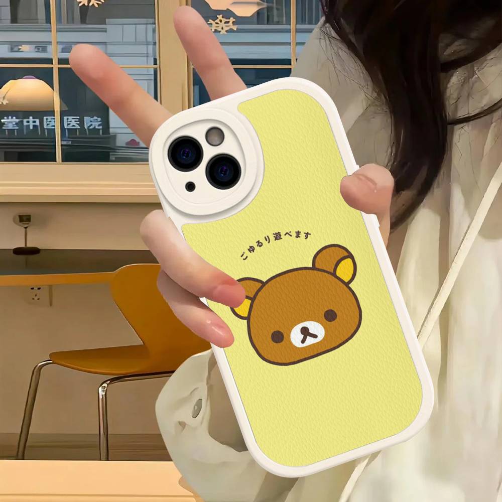 Мультяшный чехол для телефона с мишкой Рилаккума для iPhone 16 15 14 13 12 11 Pro Max Plus Ударопрочный кожаный чехол