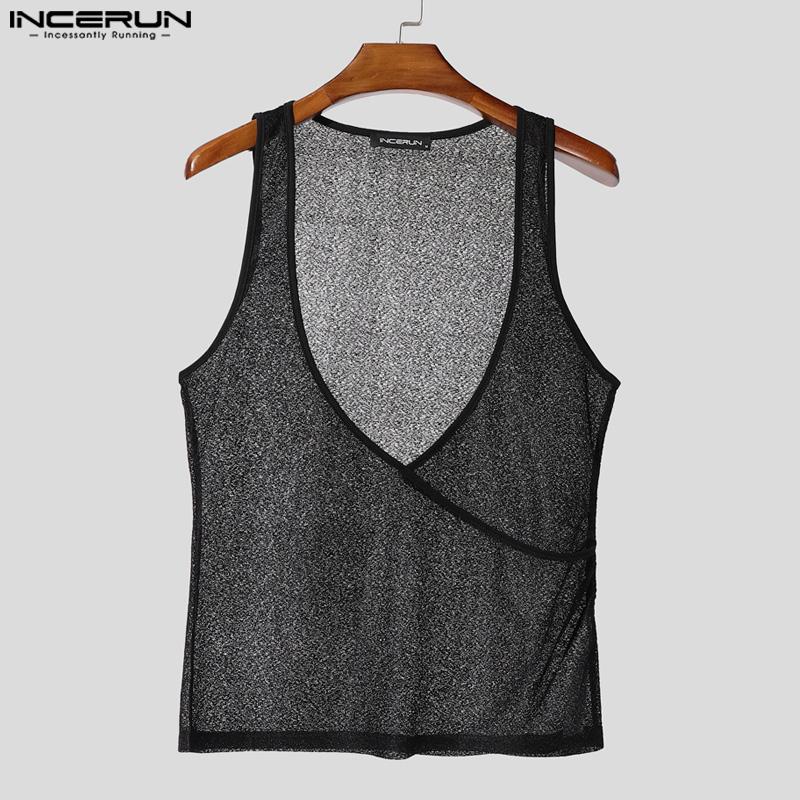 INCERUN Men Deep V Neck Strap Sleeveless See Through Mesh Sheer Tank Tops