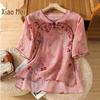 Xiao Fu Women's Elegant New Chinese Style Floral Short Sleeve Blouse